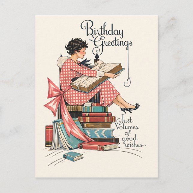 Vintage Book Lover Birthday Illustration Postcard (Front)