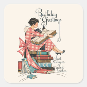 Vintage Book Lover Birthday Illustration Square Sticker