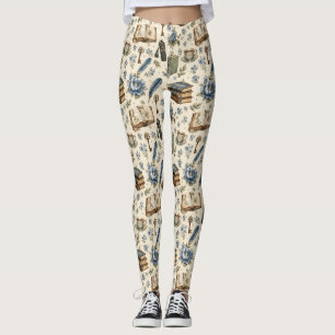 Vintage Book Lover Floral Pattern Blue Botanical Leggings