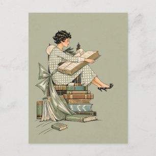 Vintage Book Lover Illustration Postcard