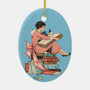 Vintage Book Lover Reading Illustration Ceramic Tree Decoration