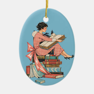 Vintage Book Lover Reading Illustration Ceramic Tree Decoration