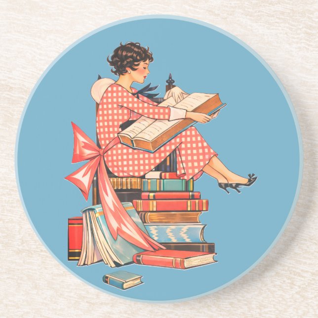 Vintage Book Lover Reading Illustration Coaster (Front)