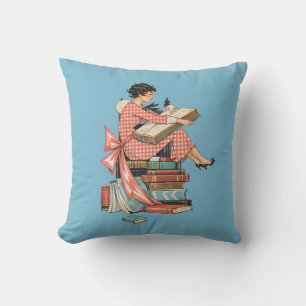 Vintage Book Lover Reading Illustration Cushion