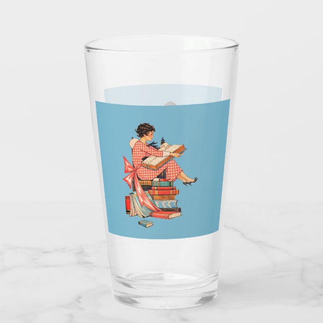 Vintage Book Lover Reading Illustration Glass (Back)
