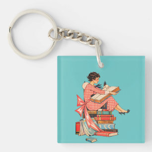 Vintage Book Lover Reading Illustration Key Ring