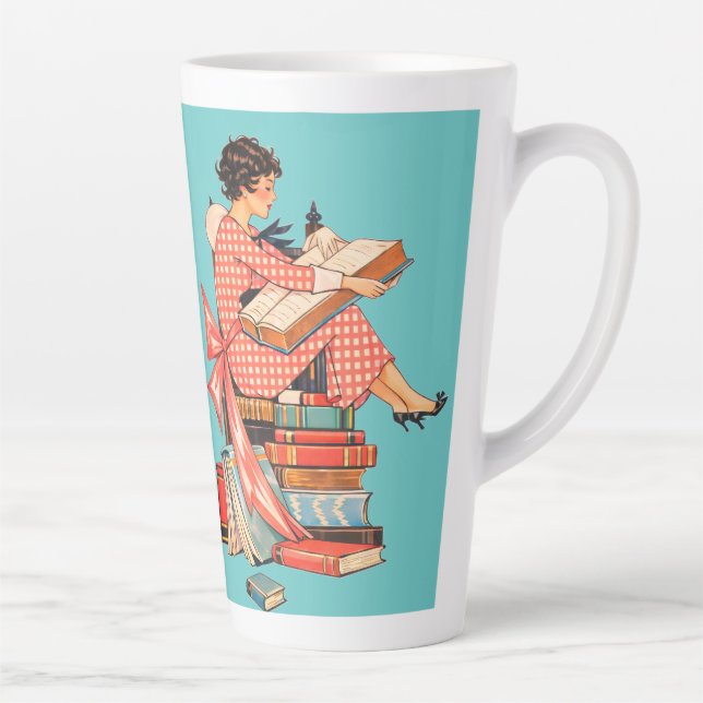 Vintage Book Lover Reading Illustration Latte Mug (Right)