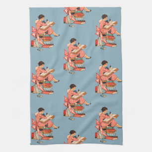 Vintage Book Lover Reading Illustration Tea Towel