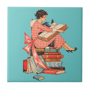 Vintage Book Lover Reading Illustration Tile
