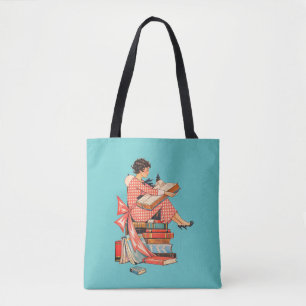 Vintage Book Lover Reading Illustration Tote Bag