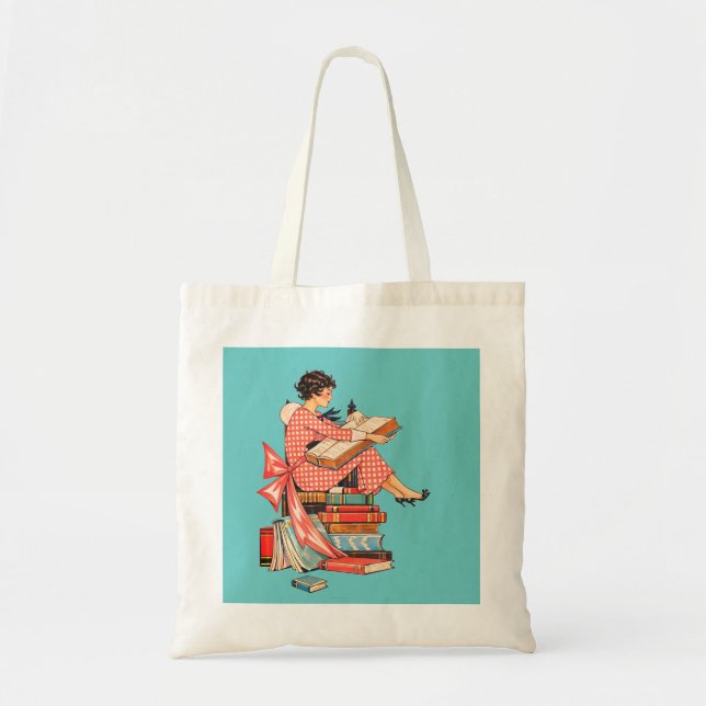 Vintage Book Lover Reading Illustration Tote Bag (Front)