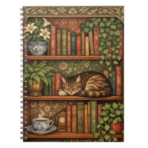 Vintage book shelf with cat and coffee