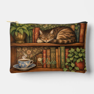 Vintage book shelf with cat and coffee accessory pouch