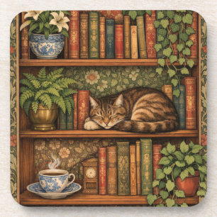 Vintage book shelf with cat and coffee coaster