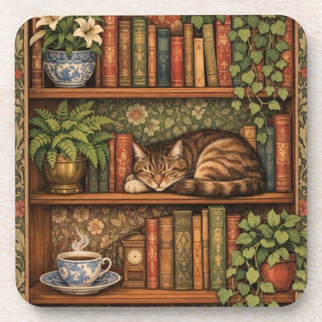Vintage book shelf with cat and coffee coaster (Front)