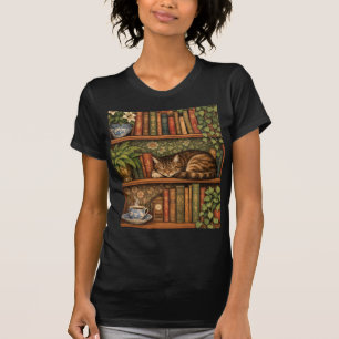 Vintage book shelf with cat and coffee T-Shirt
