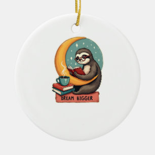Vintage Book Sloth Reading Lover Cute Retro Design Ceramic Tree Decoration