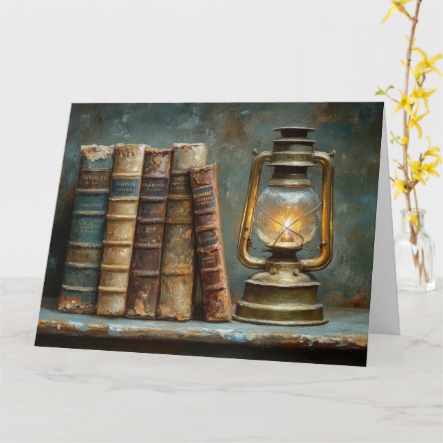 Vintage Book Stack Painting Antique Library Wall Card (Yellow Flower)