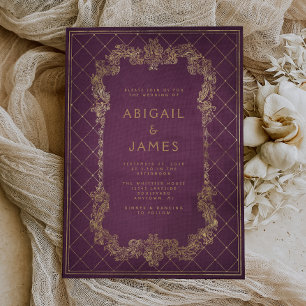 Vintage Book Violet Red Gold Wedding Invitation