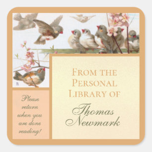 Vintage Bookplate Birds on Fence Peach Trim  Square Sticker