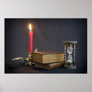 Vintage books and hourglass poster
