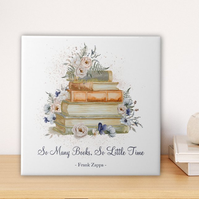 Vintage Books Beige Blue Flowers Custom Quote Tile (Close up)