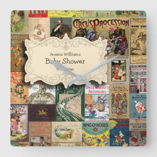 Vintage Books Bring A Book Baby Shower Square Wall Clock