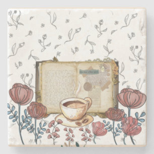 Vintage books, coffee, flowers, roses classic art. stone coaster