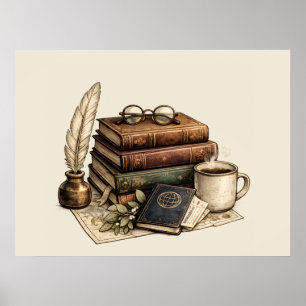 Vintage Books & Cosy Reading Nook Poster