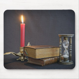Vintage books, hourglass and candle mouse pad