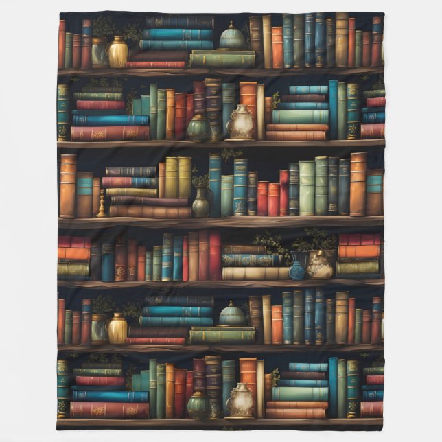 Vintage Books on Bookshelf Pattern Fleece Blanket (Front)