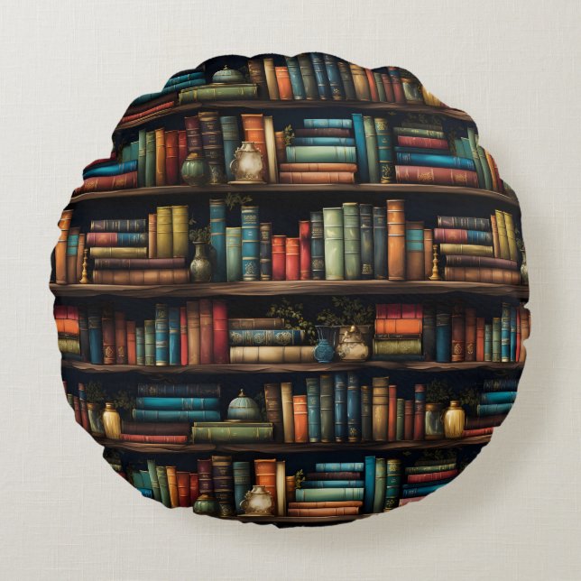 Vintage Books on Bookshelf Pattern Round Cushion (Front)