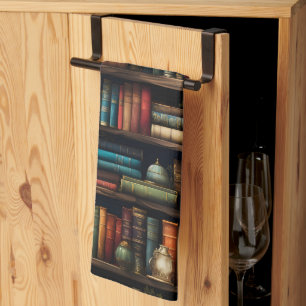 Vintage Books on Bookshelf Pattern Tea Towel