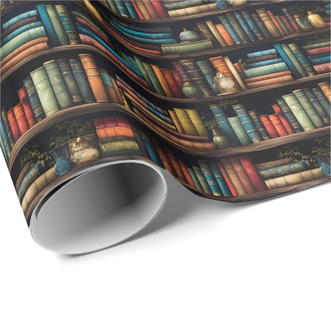 Vintage Books on Bookshelf Pattern Wrapping Paper (Roll Corner)