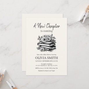 Vintage Books With Flowers, Black and White Invitation