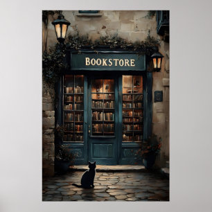 Vintage Bookstore And Cat Print, Book Cat Lover Poster