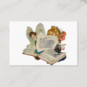 Vintage Bookworm Fairy Reading Illustration Business Card
