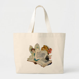 Vintage Bookworm Fairy Reading Illustration Large Tote Bag