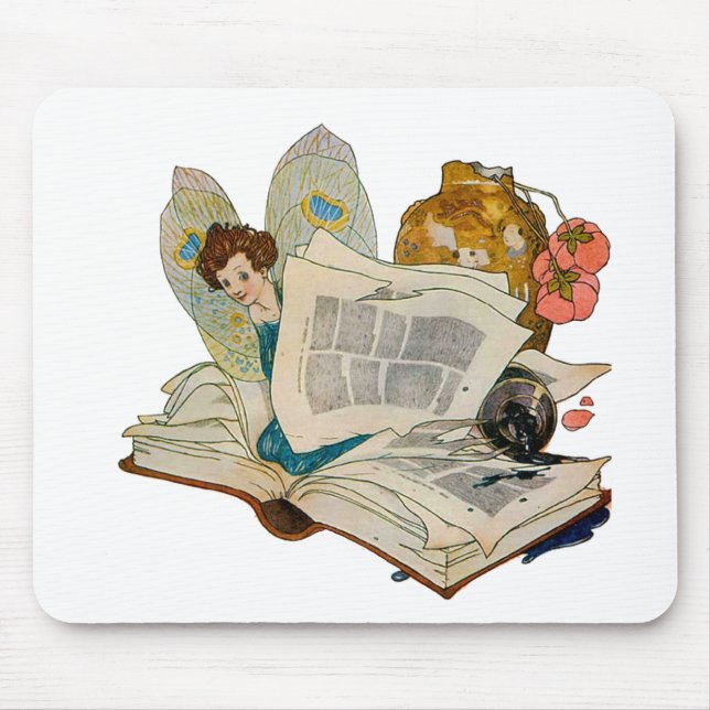 Vintage Bookworm Fairy Reading Illustration Mouse Pad (Front)