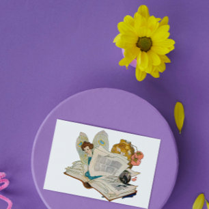 Vintage Bookworm Fairy Reading Illustration Postcard