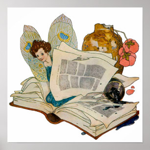 Vintage Bookworm Fairy Reading Illustration Poster