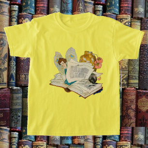 Vintage Bookworm Fairy Reading Illustration T-Shirt