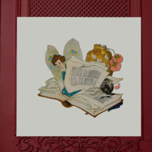 Vintage Bookworm Fairy Reading Illustration Tile