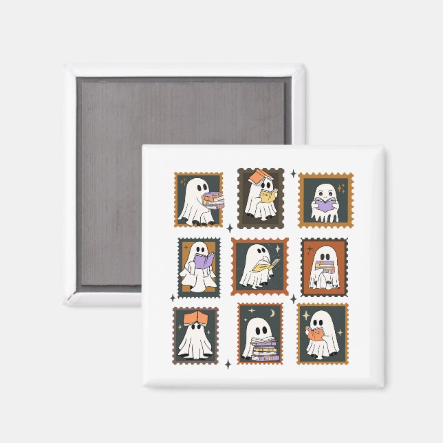 Vintage Bookworm Ghosts Stamps Halloween Magnet (Front/Back)