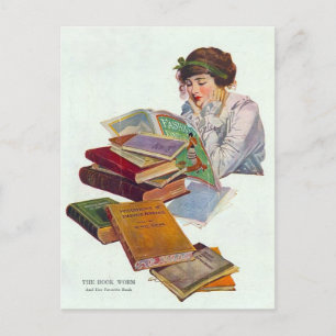 Vintage Bookworm with Fashion Magazine Postcard