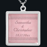 Vintage Bordeaux Deco Lace on Pink Wedding Silver Plated Necklace<br><div class="desc">A vintage style invitation for your upcoming nuptials featuring a bordeaux coloured art deco style lace trim on a pink background with a subtle damask pattern. The text is fully customisable for your own special occasion. This elegant design coordinates with the Vintage Bordeaux Deco Lace on Pink Wedding Collection. If...</div>