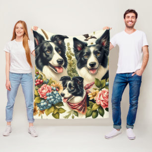 Vintage Border Collie Illustration Fleece Blanket