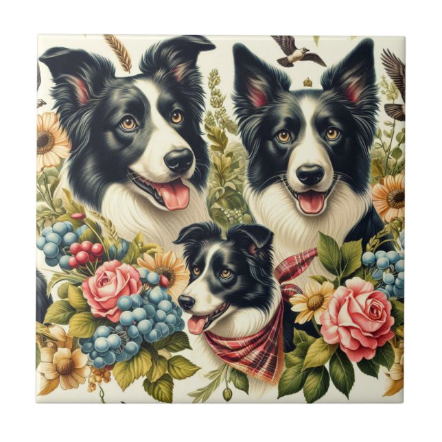 Vintage Border Collie Illustration Tile (Front)