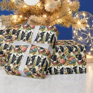 Vintage Border Collie Illustration Wrapping Paper