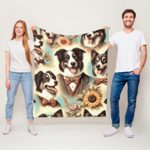 Vintage Border Collie Iluustration Fleece Blanket